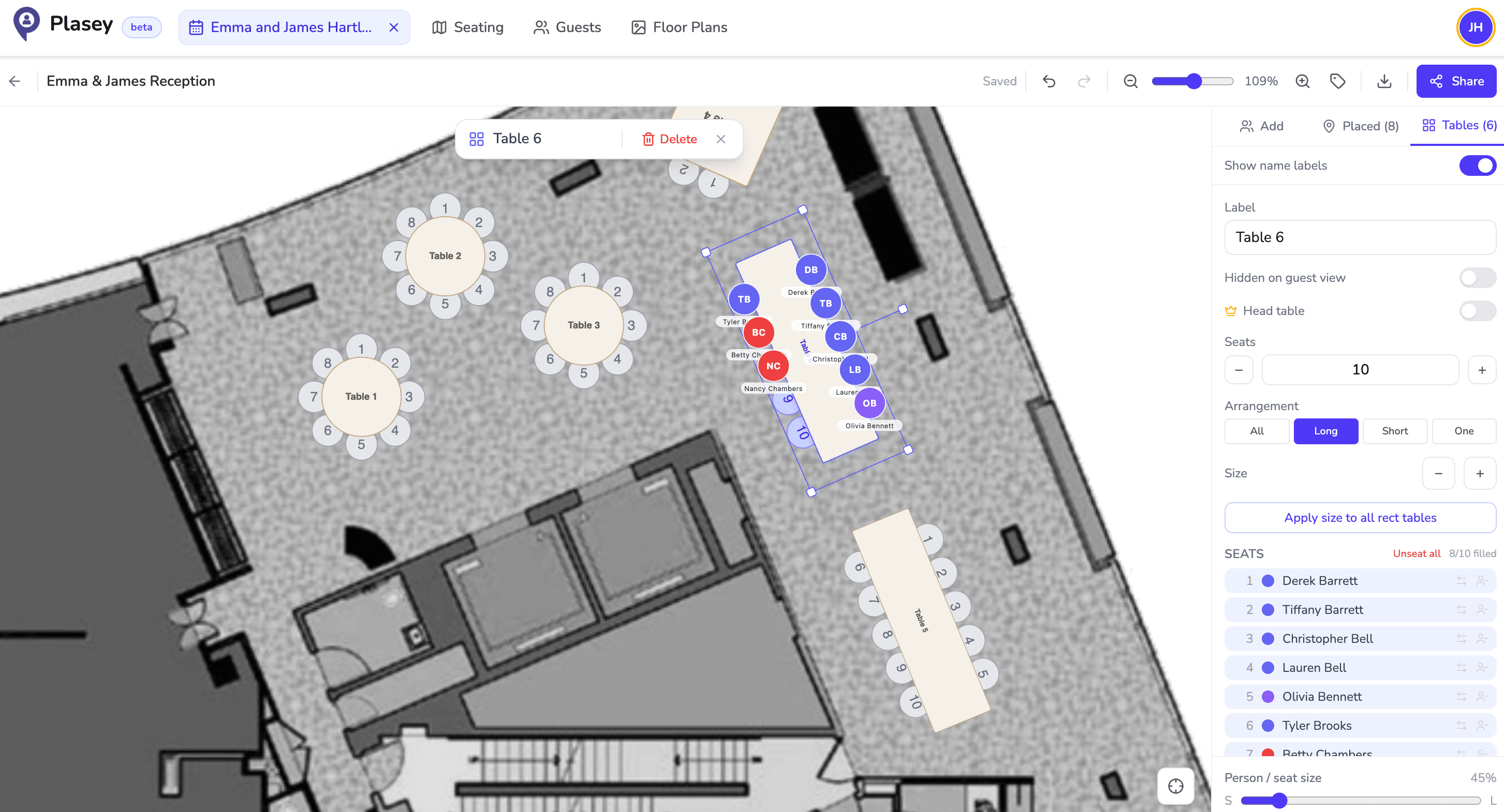 Plasey editor — Emma & James Hartley reception with mixed table shapes (round, rectangular, square), guests assigned to seats, and the right Sidebar showing Table 6 selected with seat arrangement controls