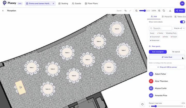 Plasey editor placing 108 guests into tables via auto-seat